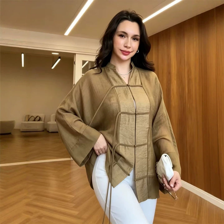 Women's Linen Kimono Jacket with Wide Sleeves, Decorative Knot Grid & Adjustable Belt Mune Fashion