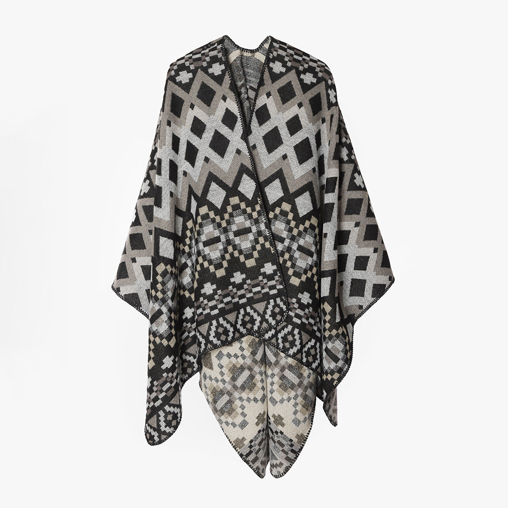 Women Large-area Jacquard Cape Poncho with geometric-ethnic pattern and boxy silhouette Mune Fashion