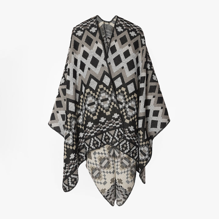 Women Large-area Jacquard Cape Poncho with geometric-ethnic pattern and boxy silhouette Mune Fashion