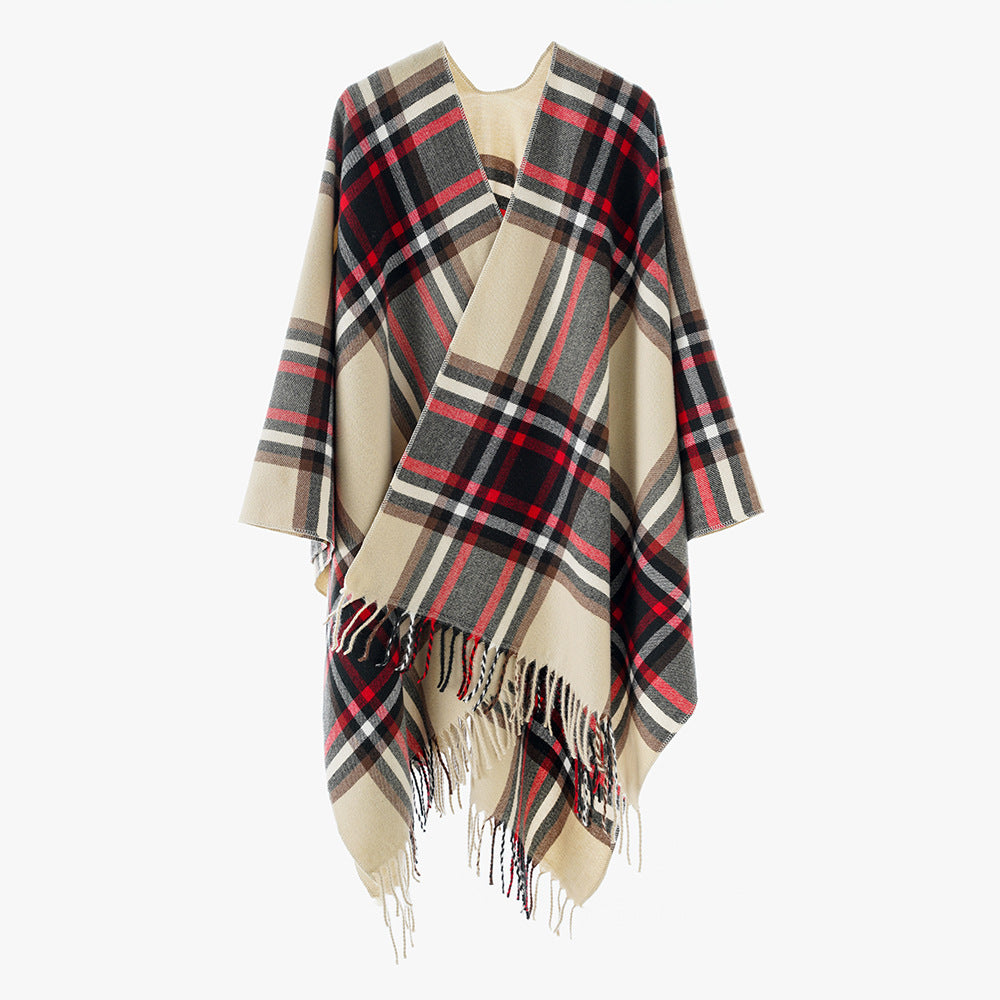 Women Checkered Oversized Throw Poncho with V-Neck and Fringed Hem Mune Fashion