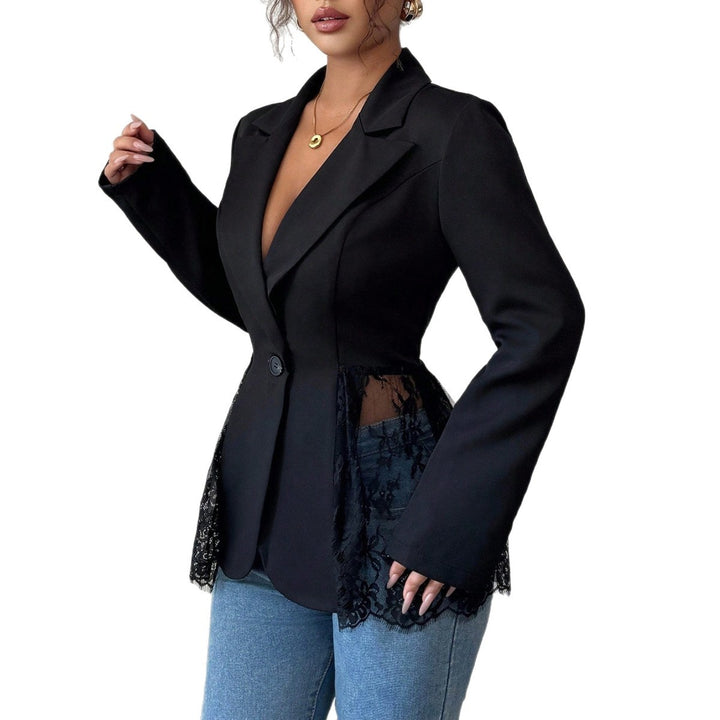 Women's nan tailored blazer with lace trim and deep V-neck Mune Fashion