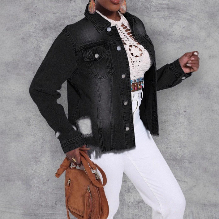 Women's Distressed Denim Jacket with Frayed Hem and Relaxed Fit Mune Fashion