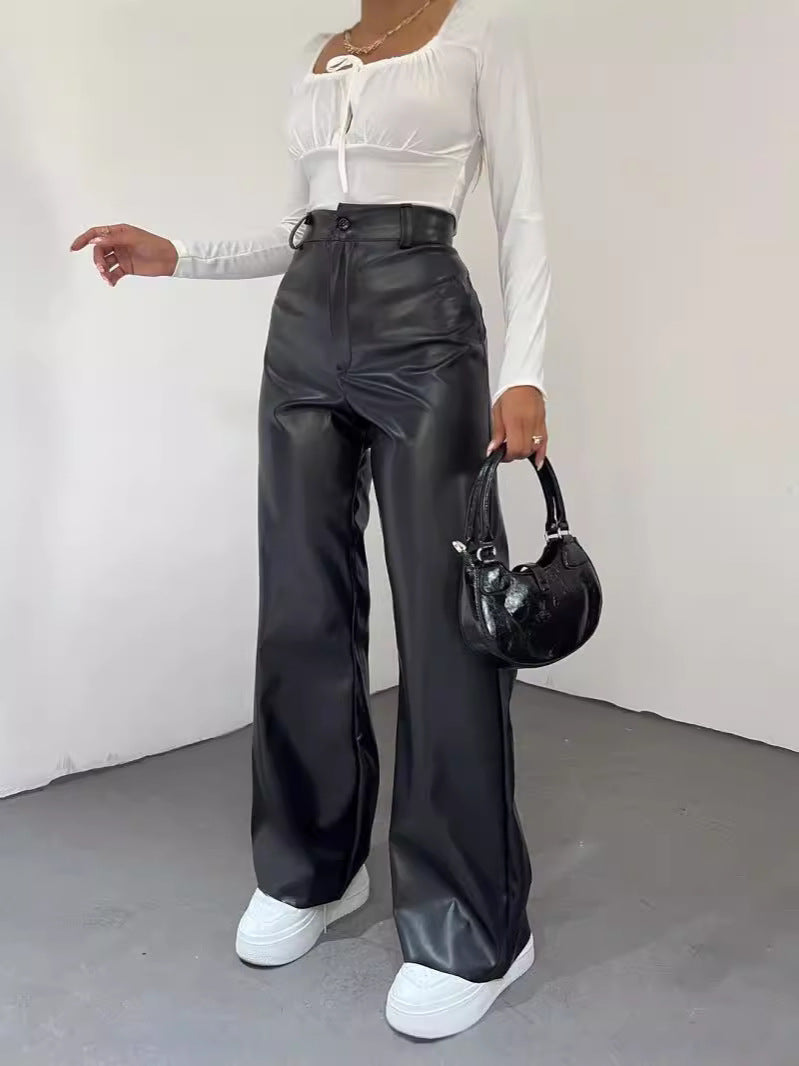 Women's Wide High-Waist Pants in Satin Look with Wide Leg Mune Fashion