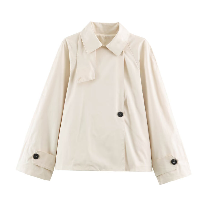 Women Short Boxy Trench Coat with Asymmetrical Button Placket and Arm Straps Mune Fashion