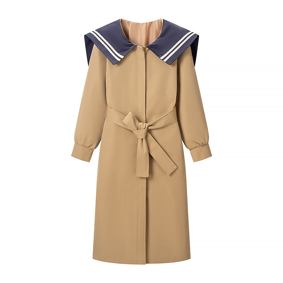 Women's trench coat with oversized sailor collar, waist belt, and concealed button placket Mune Fashion