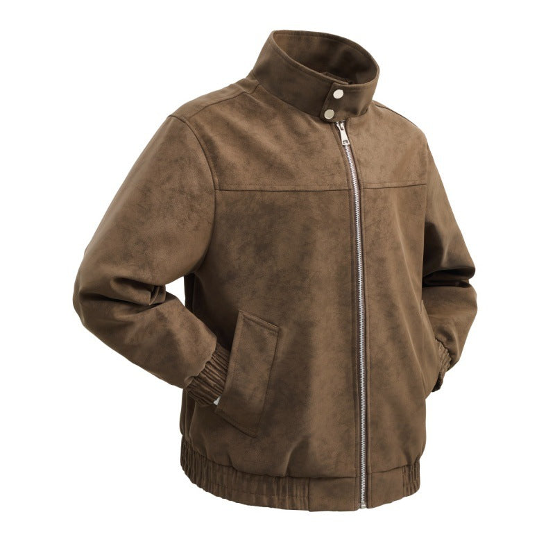 Men's short velour imitation blouson with high stand-up collar, metal zipper, and elastic hem Mune Fashion