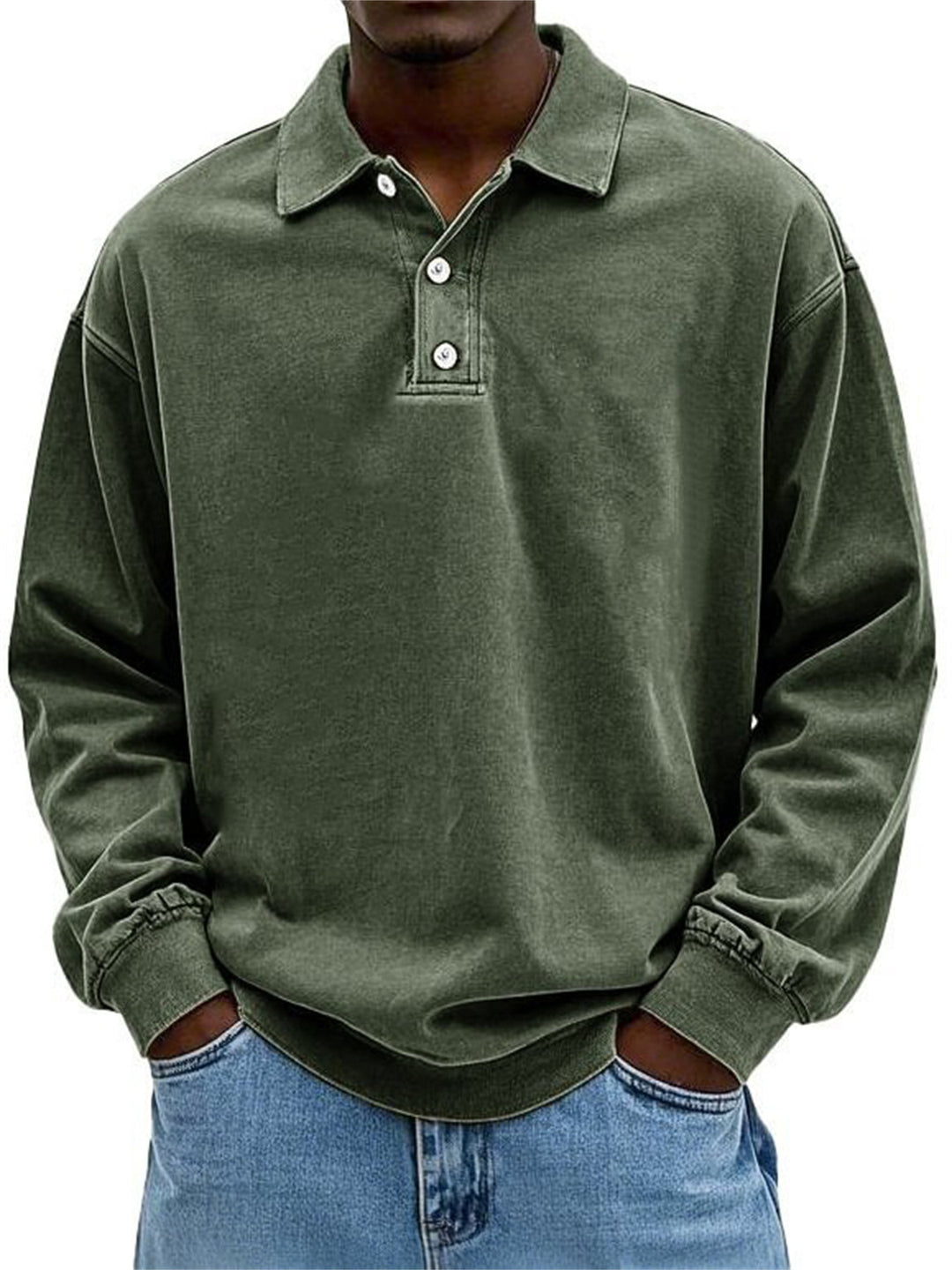 Men's Oversize Denim Look Polo Sweatshirt with Short Button Placket and Elastic Cuffs EB
