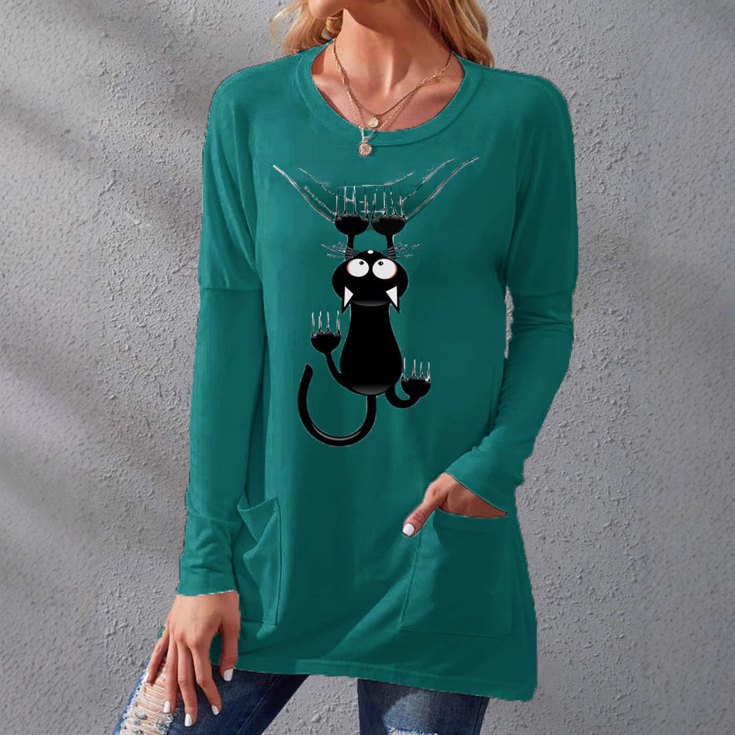Women’s Longer Cotton Blend Tunic Shirt with Cartoon Cat Print and Side Pockets Mune Fashion
