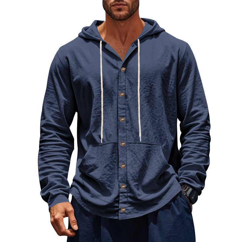 Men's button-closed hooded shirt jacket made of lightweight cotton blend with kangaroo pocket Mune Fashion
