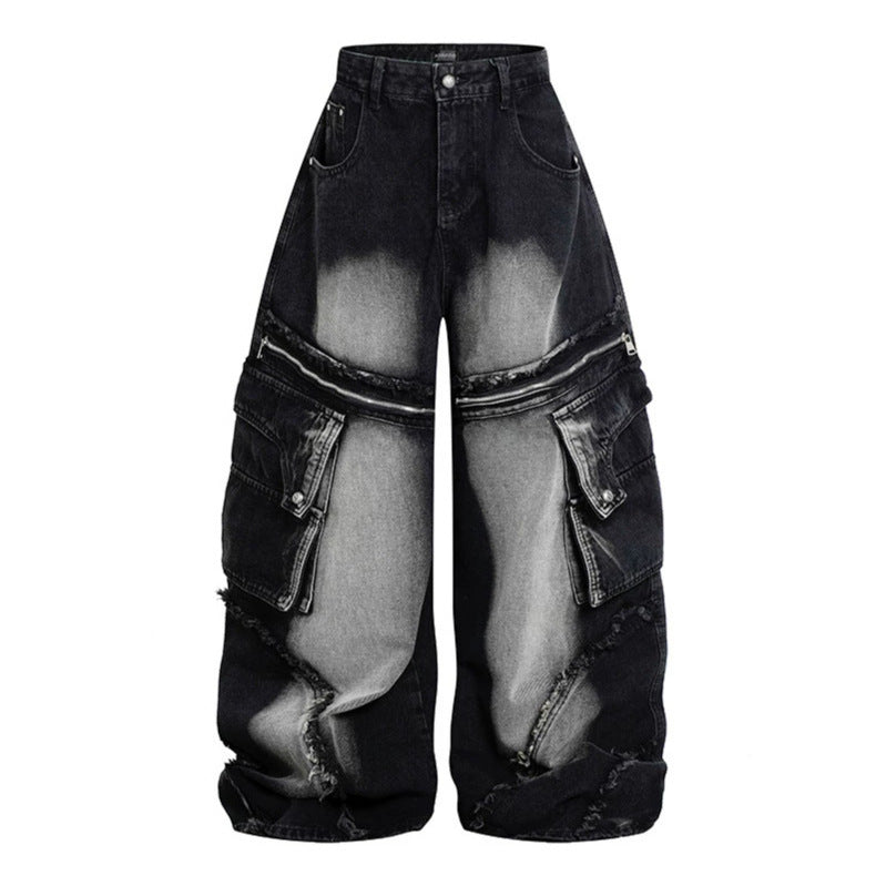 Women's Wide High-Waist Cargo Jeans in Baggy Look with Distressed Details and Zipper Panel Mune Fashion