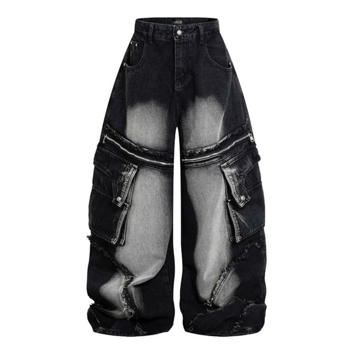 Women's Wide High-Waist Cargo Jeans in Baggy Look with Distressed Details and Zipper Panel Mune Fashion