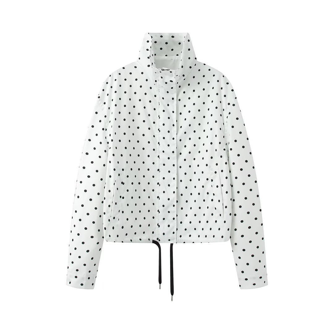 Women's Short Dotted Rain Jacket with Stand-Up Collar and Drawstring Mune Fashion