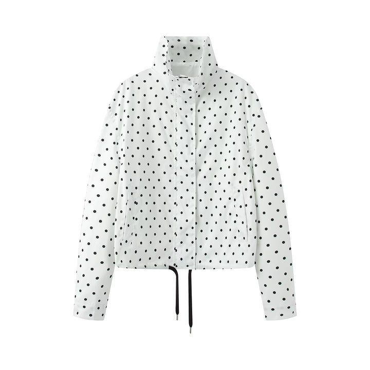 Women's Short Dotted Rain Jacket with Stand-Up Collar and Drawstring Mune Fashion