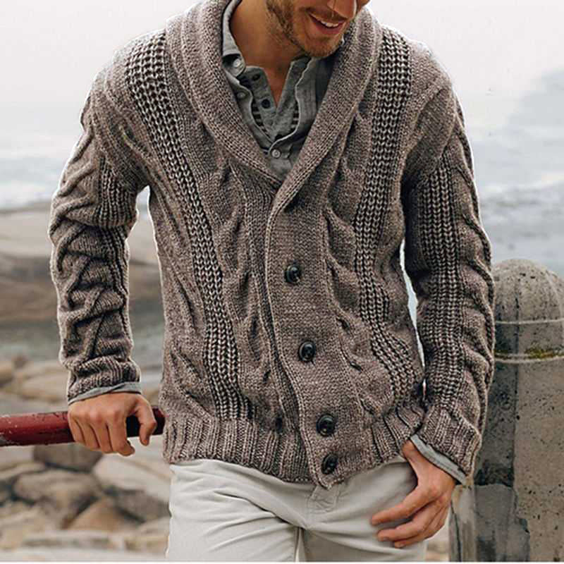 Men's chunky knit cardigan with shawl collar and cable pattern Mune Fashion
