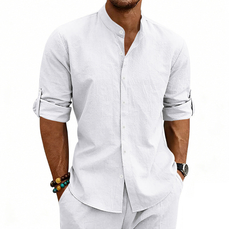 Men's Modern Linen Blend Shirt with Stand Collar, Roll-up Sleeves and Narrow Placket Mune Fashion