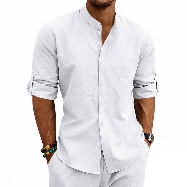 Men's Modern Linen Blend Shirt with Stand Collar, Roll-up Sleeves and Narrow Placket Mune Fashion