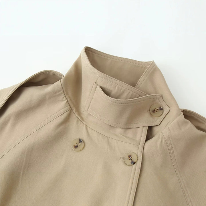 Women Short Trench Coat with Waist Belt and Stand-Up Collar Mune Fashion