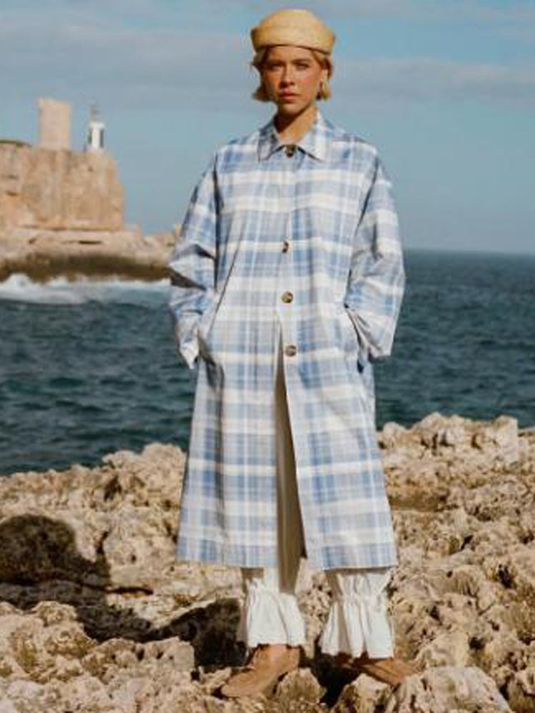 Women's Checked Lightweight Trench Coat with Mid-Length Oversized Silhouette Mune Fashion