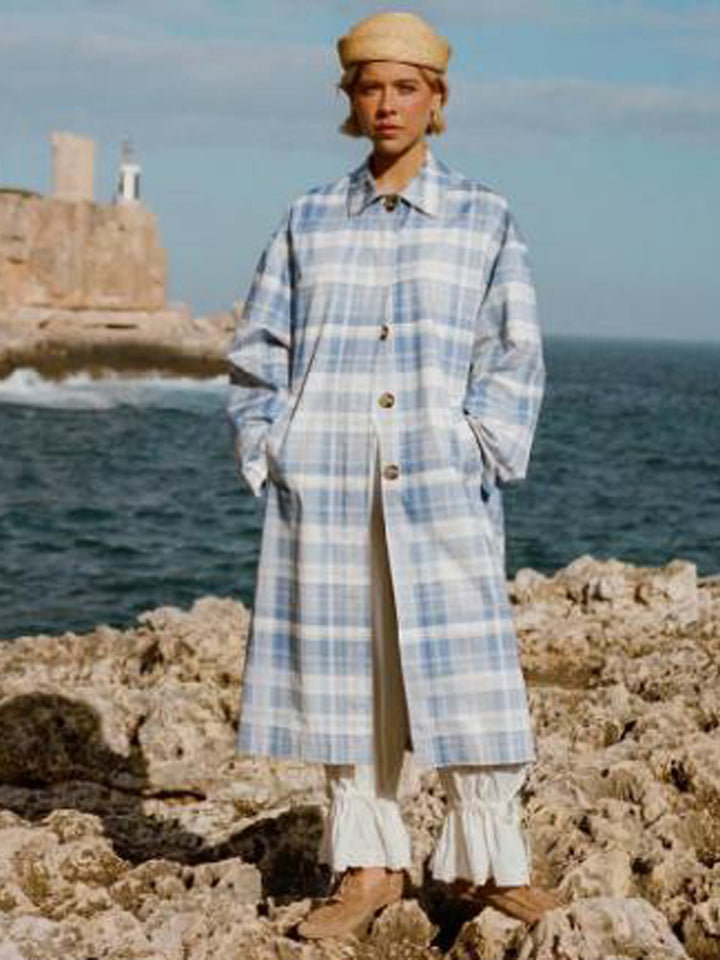 Women's Checked Lightweight Trench Coat with Mid-Length Oversized Silhouette Mune Fashion