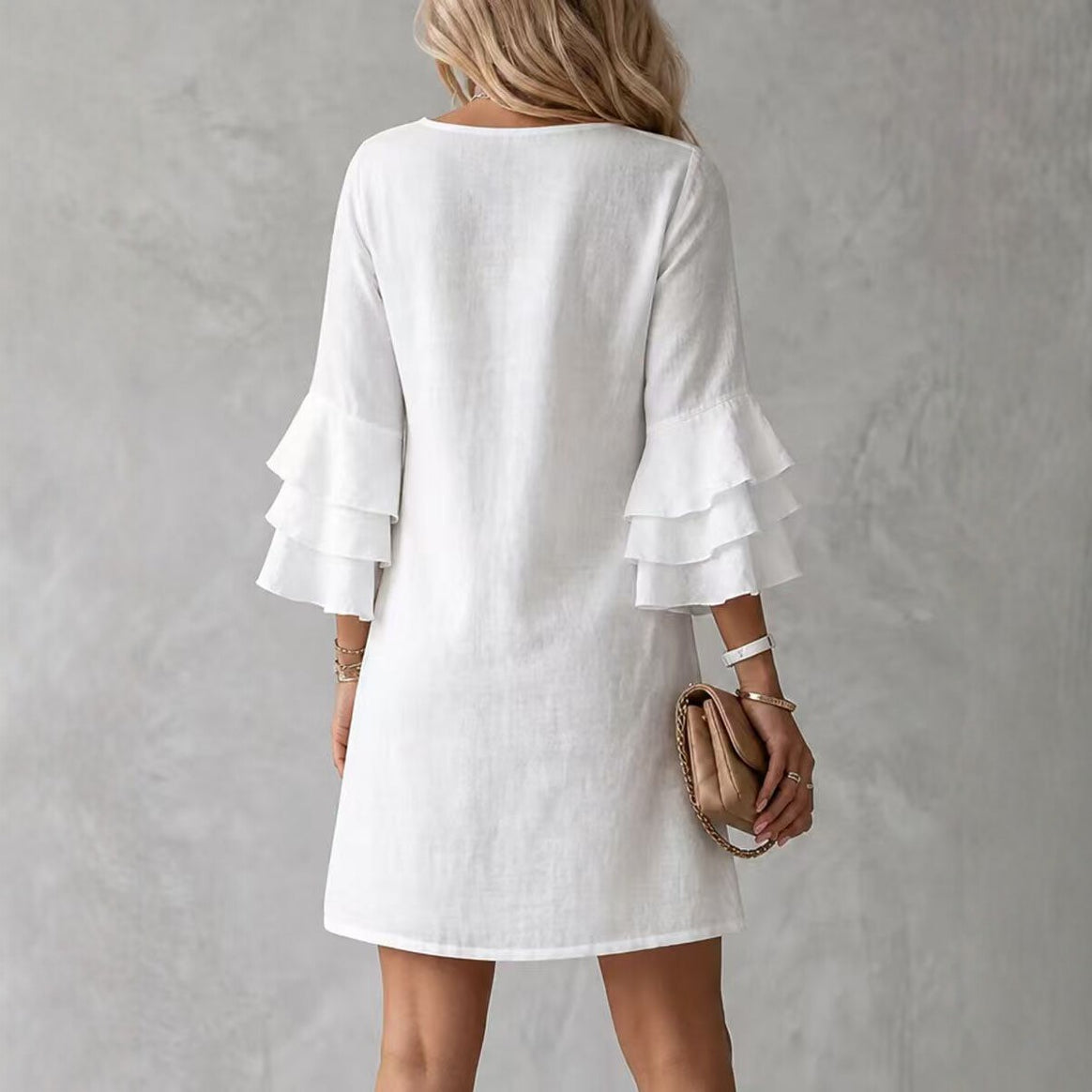 Women's Linen Look Mini Dress with V-Neck and Voluminous Tiered Sleeves Mune Fashion