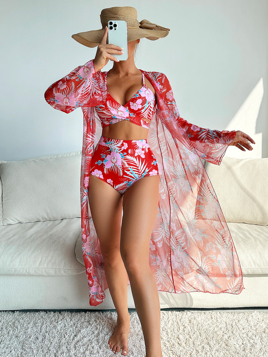 Women's bikini set with floral pattern and transparent wrap jacket Mune Fashion