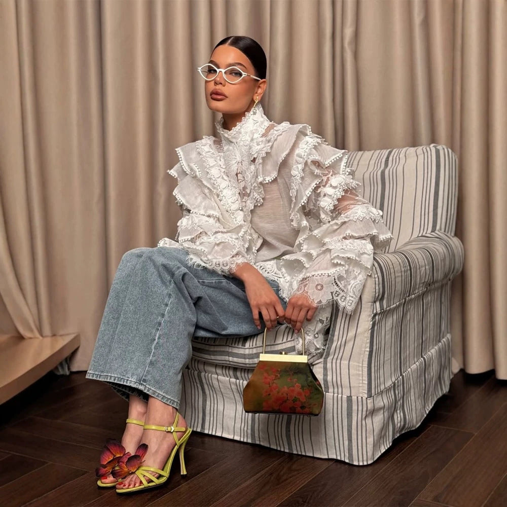 Women's Transparent Lace Blouse with Ruffle Sleeves and High Stand Collar Mune Fashion