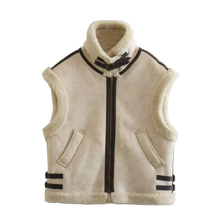 Women's padded lambskin look vest with stand-up collar, zipper and side buckle straps Mune Fashion