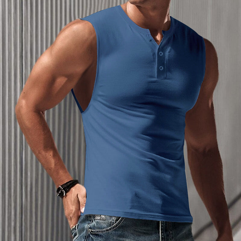 Men's sleeveless muscle shirt with Henley button placket, deep armhole, and elastic cotton blend Mune Fashion