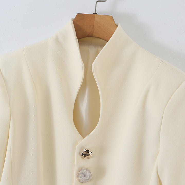 Women's Tailored Peplum Blazer with Stand Collar and Decorative Button Placket Mune Fashion