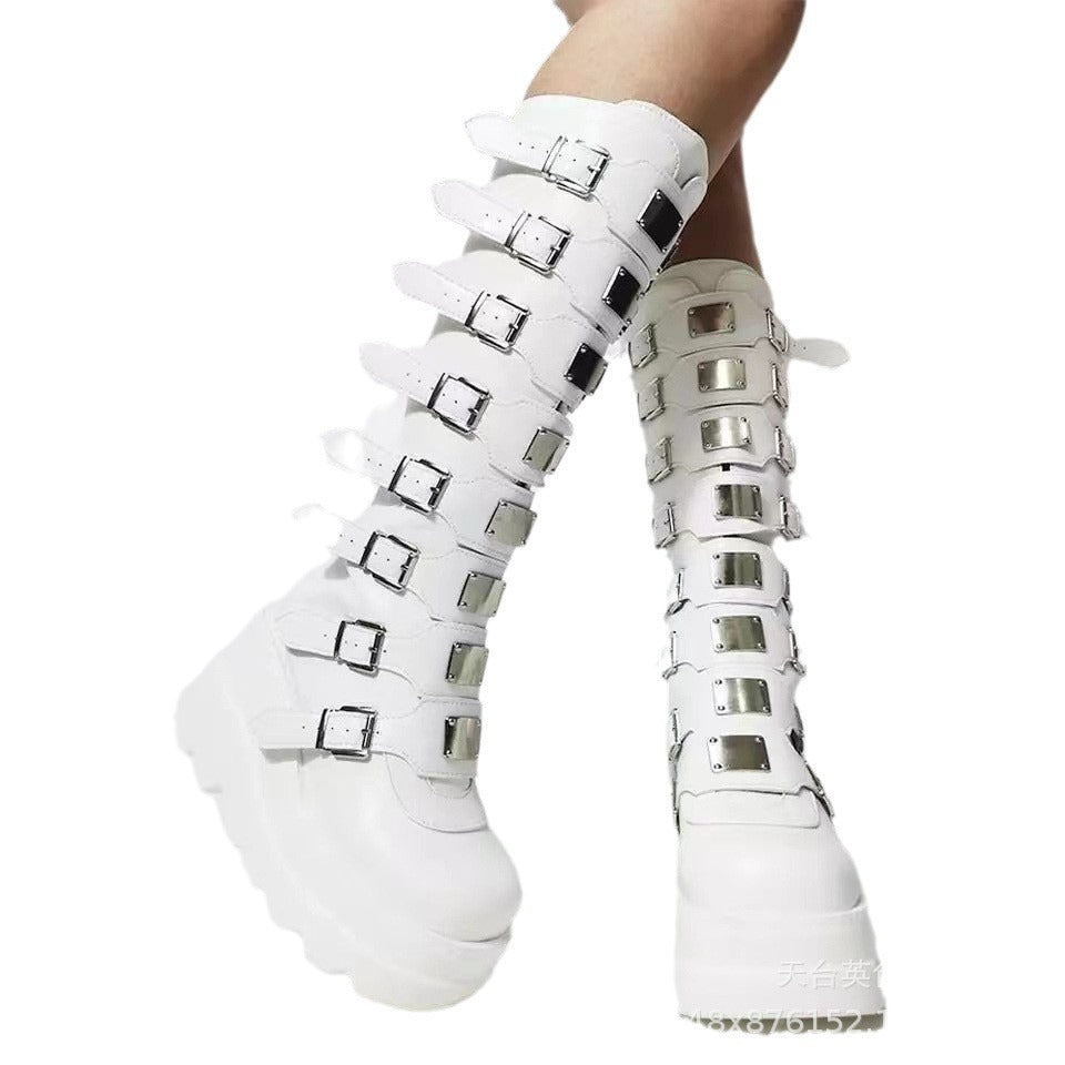Women's platform knee-high gothic biker boots with multiple buckles and metal plates Mune Fashion
