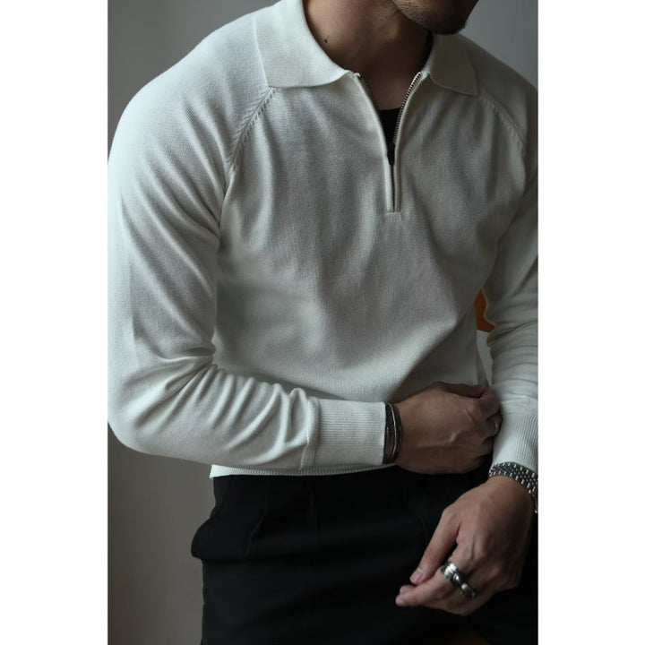 Men's Fine Half-Zip Polo Sweater made of fine knit with polo collar and ribbed cuffs Mune Fashion