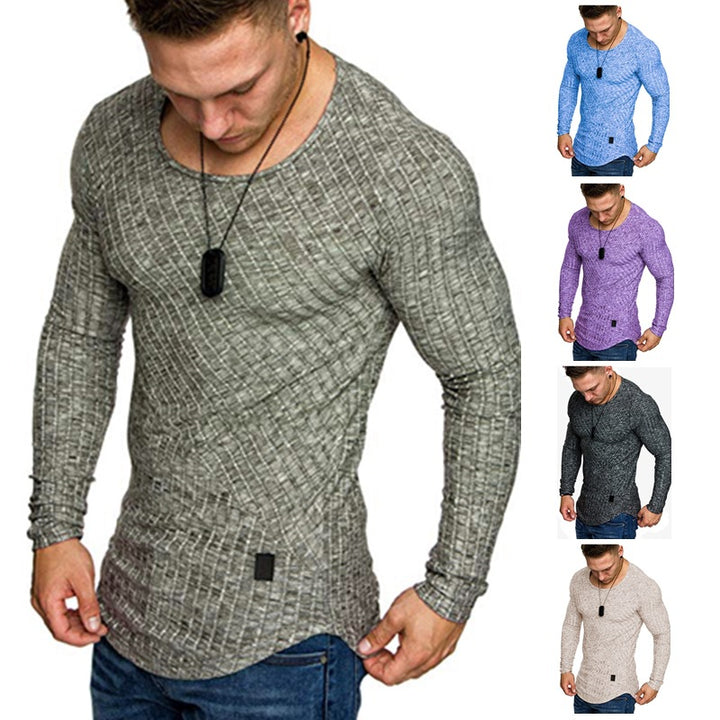Men's Fitted Textured Knit Long Sleeve Sweater with Round Neck Mune Fashion