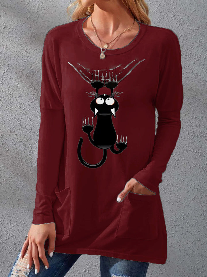 Women’s Longer Cotton Blend Tunic Shirt with Cartoon Cat Print and Side Pockets Mune Fashion