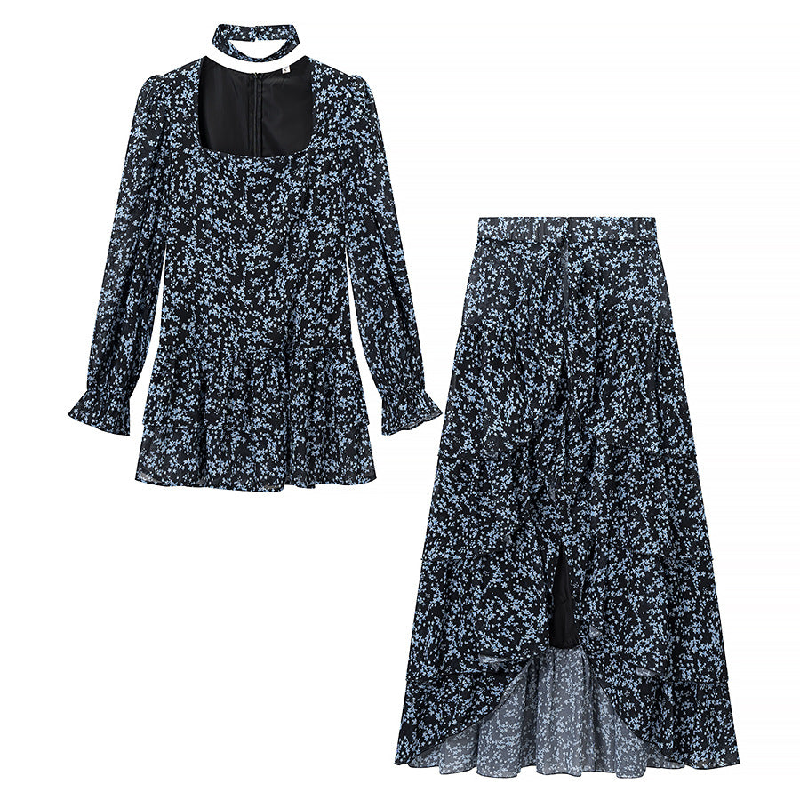 Women’s Two-Piece Chiffon Set – Tailored Ruffle Blouse with Square Neckline, Choker and Tiered Wrap Maxi Skirt Mune Fashion