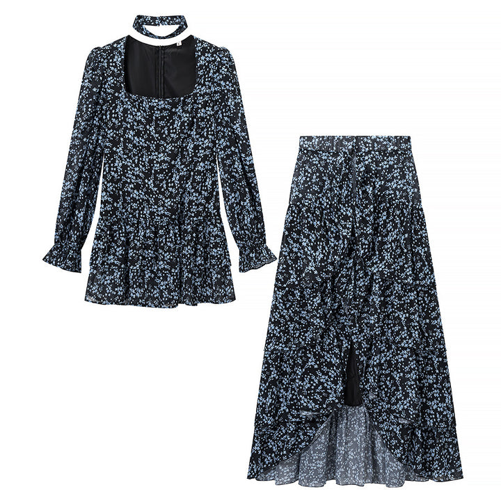 Women’s Two-Piece Chiffon Set – Tailored Ruffle Blouse with Square Neckline, Choker and Tiered Wrap Maxi Skirt Mune Fashion