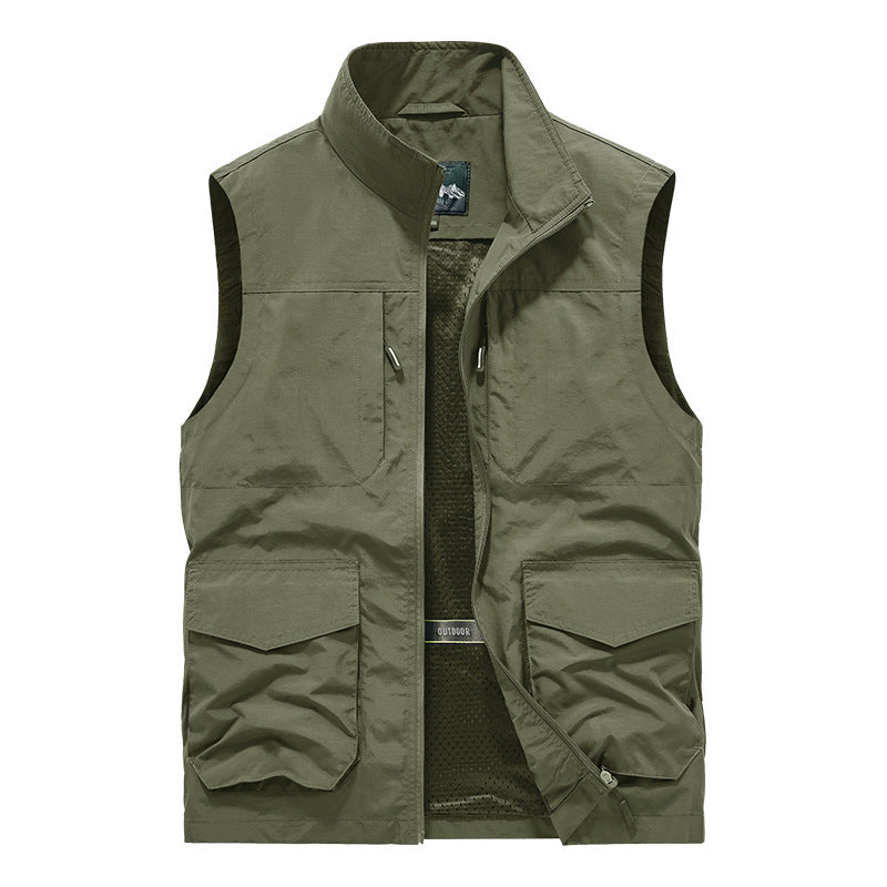Men's Utility Outdoor Vest with Multiple Pockets, Mesh Lining & Stand Collar Mune Fashion