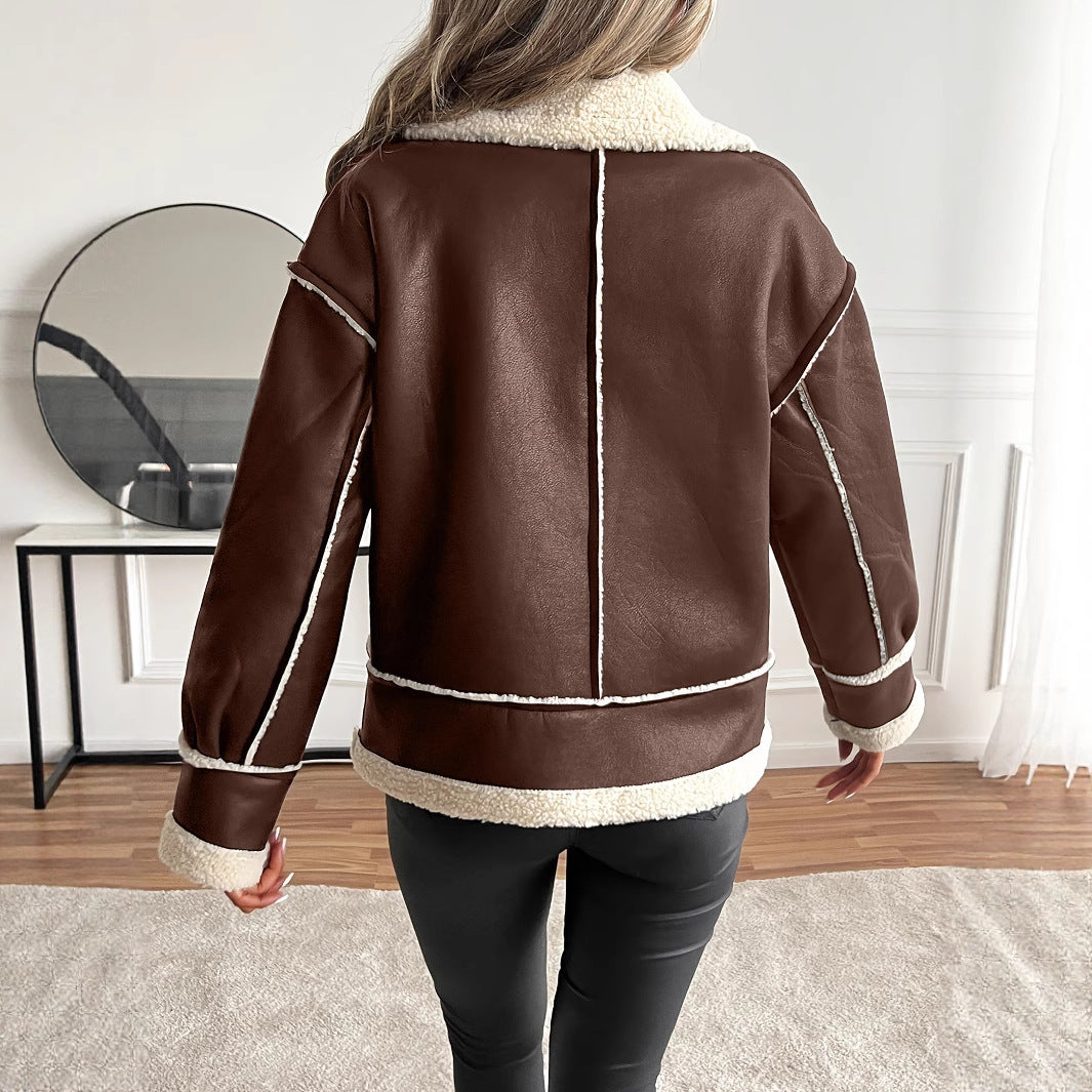 Women’s Stylish Faux Leather Jacket with Teddy Lining