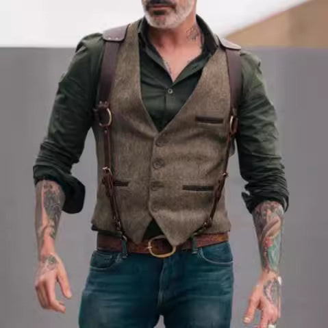 Men's Tweed Vest with Leather Straps and Vintage Details Mune Fashion