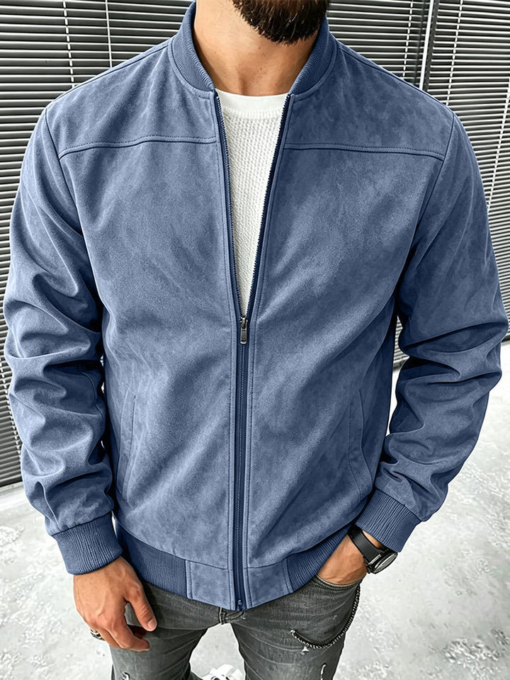 Men's Suede-Like Bomber Jacket with Zipper and Ribbed Cuffs Mune Fashion