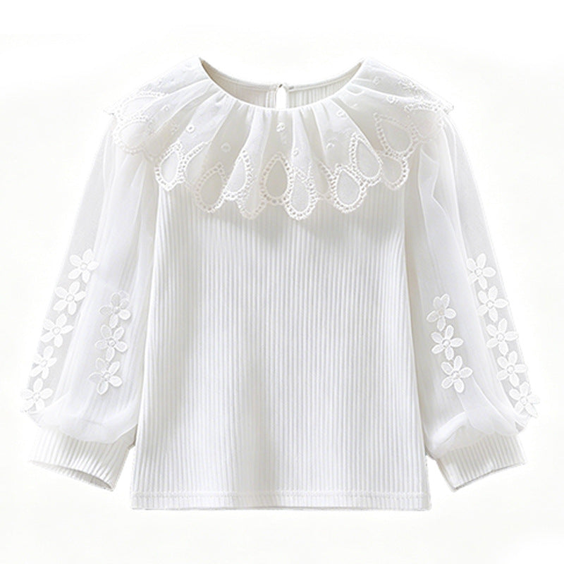 Girl's blouse with romantic lace collar and transparent puff sleeves Mune Fashion