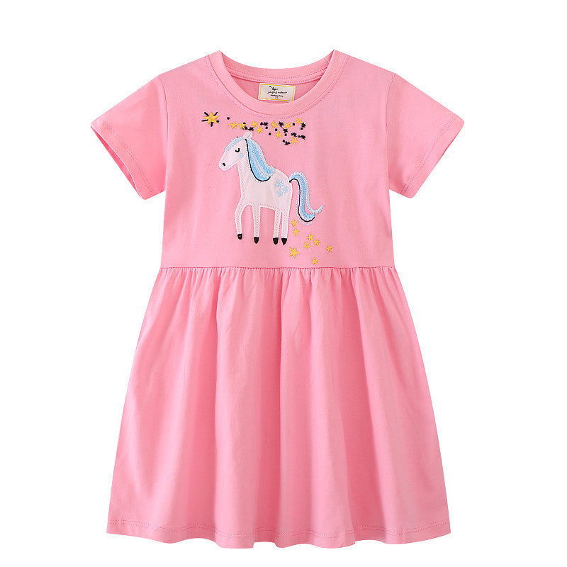 Girl Short Sleeve Dress with Charming Unicorn Design Mune Fashion