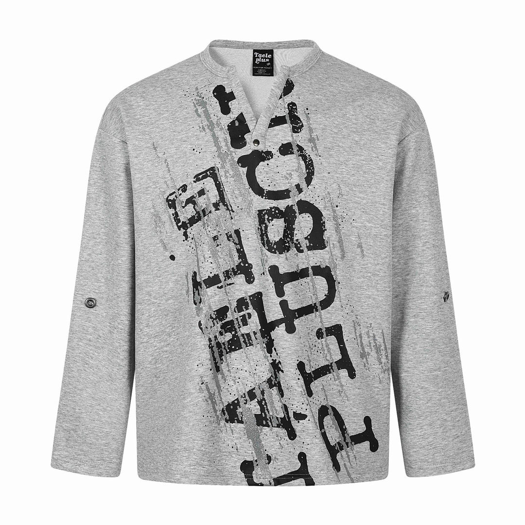 Unisex Oversize Henley Sweatshirt with Notch Collar, 3/4 Sleeves and Print Mune Fashion