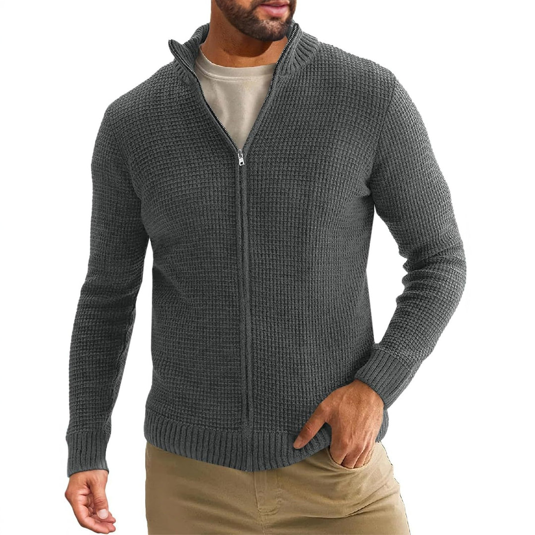 Men's Zip-Up Cardigan with Waffle Texture and Stand-Up Collar Mune Fashion