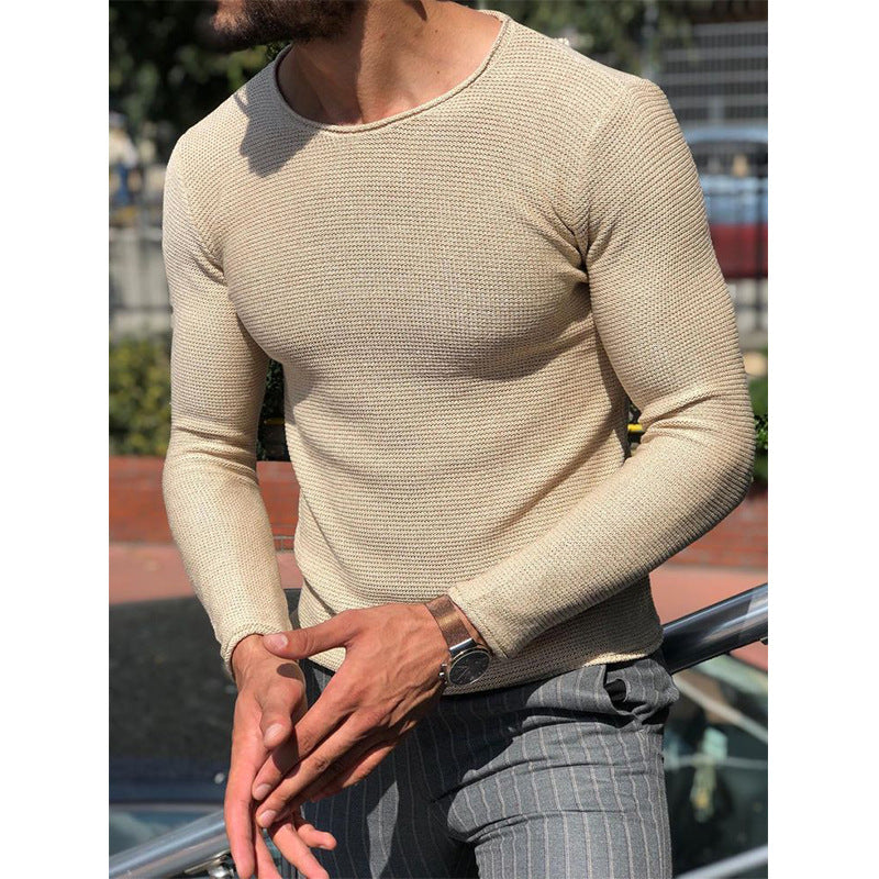 Men's Slim Fit Structured Knit Long Sleeve Sweater with Round Neck Mune Fashion