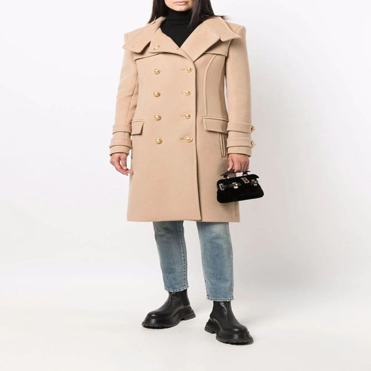 Ladies Elegant Wool Blend Long Coat in Marine Inspired Double Breasted with Oversized Shawl Collar and Decorative Sleeves Mune Fashion