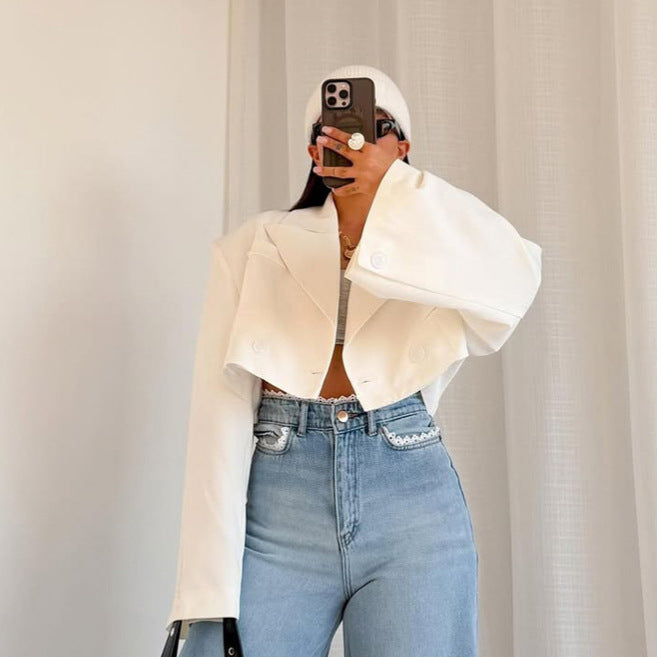 Women Cropped Boxy Short Blazer with Boxy Silhouette and Extra Long Sleeves Mune Fashion