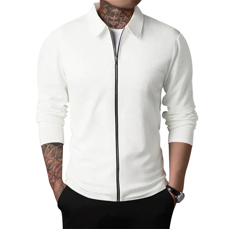 Men's lightweight waffle structure zip shirt with Kent collar, slim fit and continuous zipper Mune Fashion