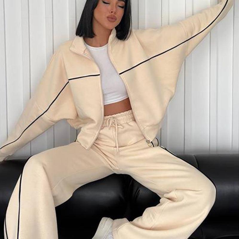 Women's nan Oversized Tracksuit Set with Zipper High Collar and Contrast Piping Mune Fashion