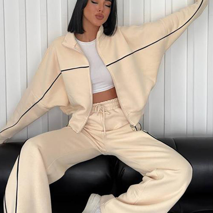 Women's nan Oversized Tracksuit Set with Zipper High Collar and Contrast Piping Mune Fashion