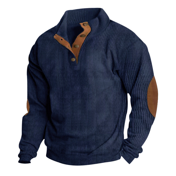 Men's ribbed knit pullover with stand-up collar, button placket and distinctive elbow patches Mune Fashion